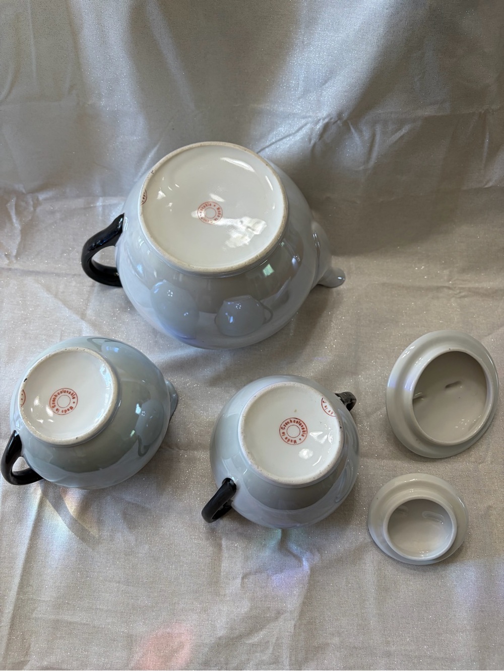 Atlantic Czechoslovakia Sky Blue Luster Ware Black Handle Teapot, Sugar& Creamer - Picture 4 of 16